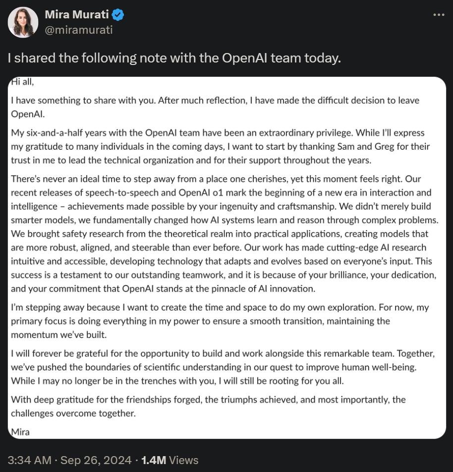 OpenAI CTO Mira Murati离职，高层动荡继续