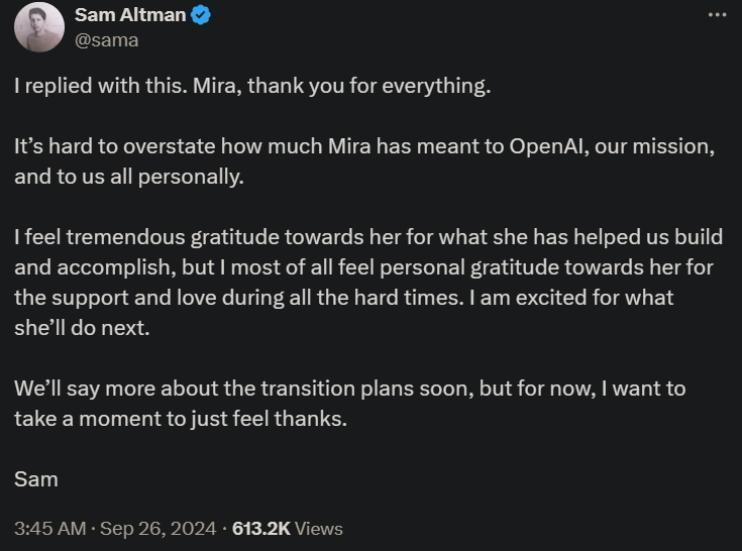 OpenAI CTO Mira Murati离职，高层动荡继续